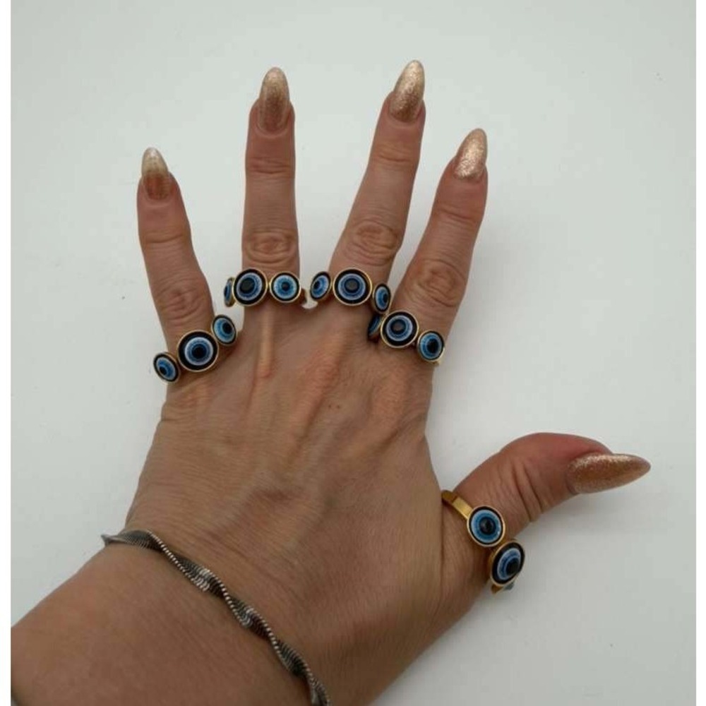 Gold Evil Eye Ring Stainless Steel Blue Nazar Protection Statement Ring Size 7